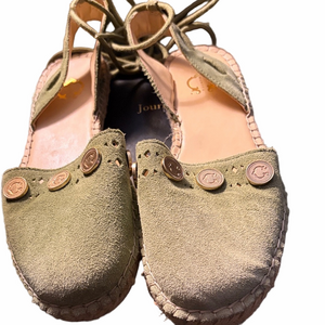 Michaela  C. Wonder sage suede espadrille close toe with gold coin details 7.5 M